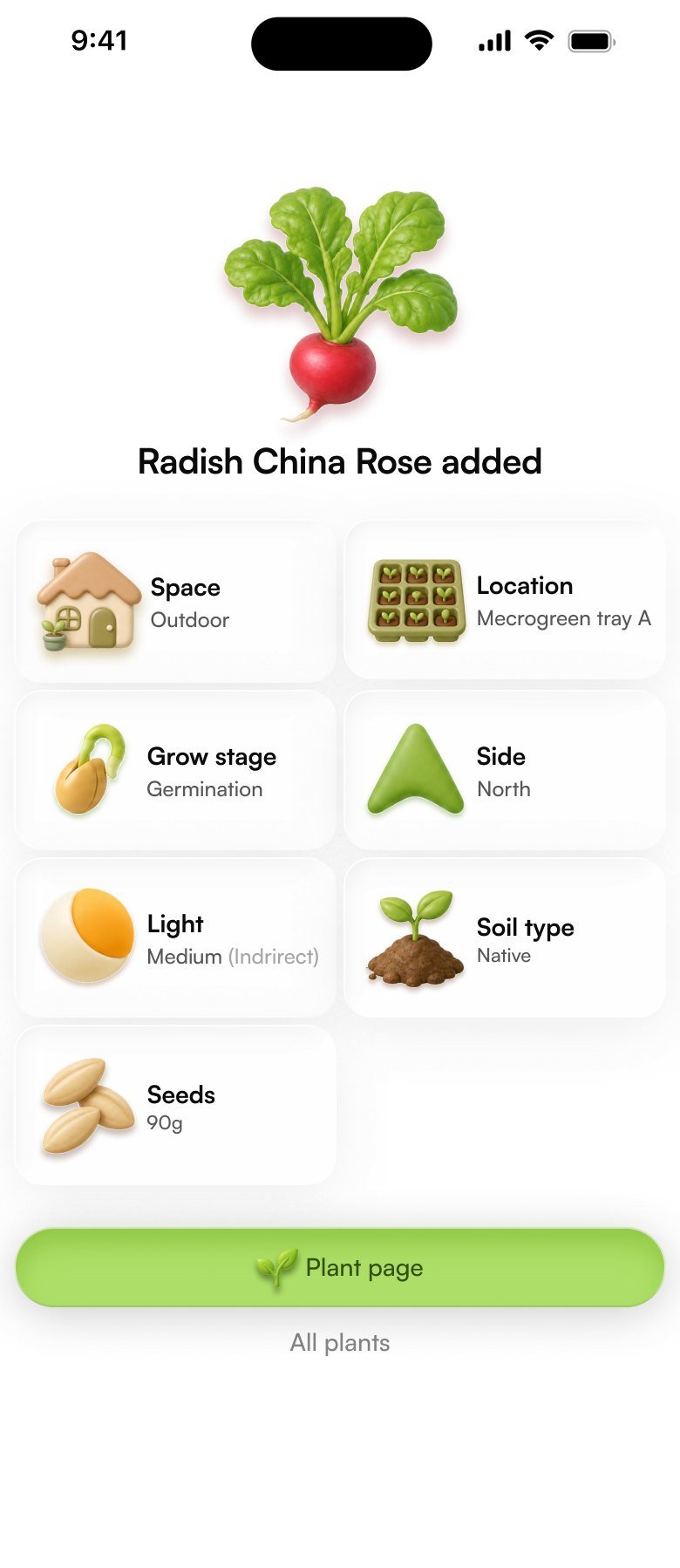 A radish added to a microgreen tray, with its space, location, growth stage and light